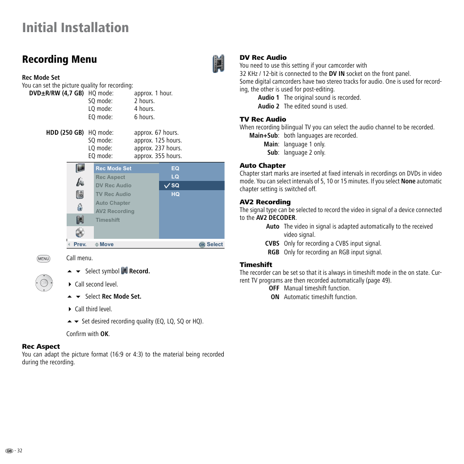 Recording menu, Auto chapter, Ding menu | Initial installation | Loewe Viewvision DR+DVB-T User Manual | Page 32 / 71