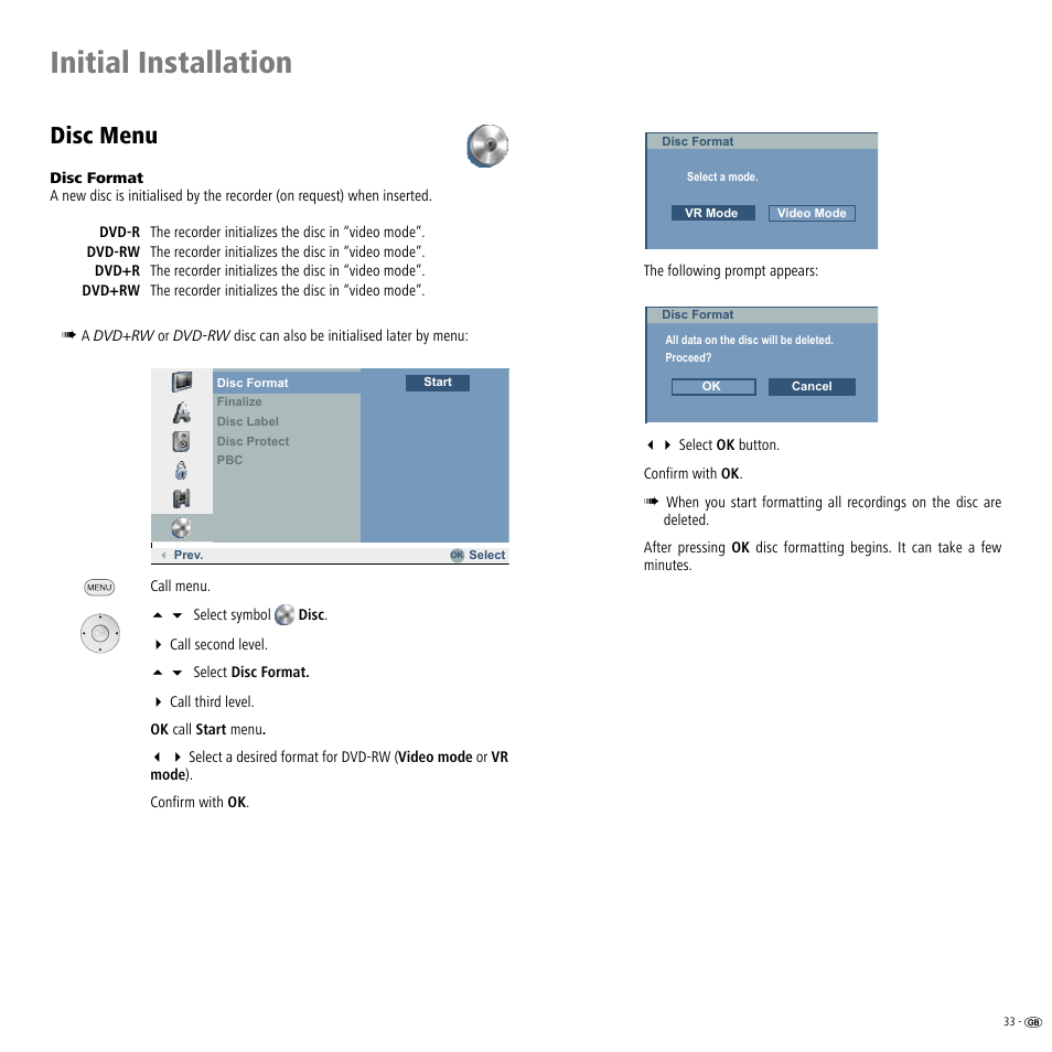 Disc menu, Ormat, Initial installation | Loewe Viewvision DR+DVB-T User Manual | Page 33 / 71