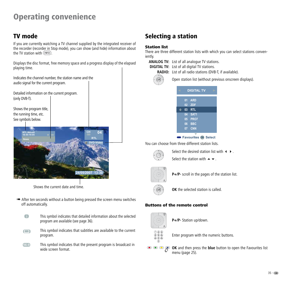 Tv mode, Selecting a station, Ation 5 | Operating convenience | Loewe Viewvision DR+DVB-T User Manual | Page 35 / 71