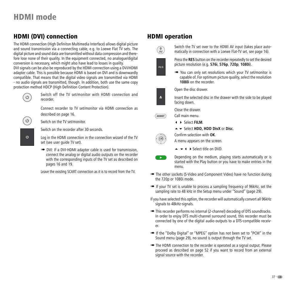 Hdmi mode, Hdmi (dvi) connection, Hdmi operation | Loewe Viewvision DR+DVB-T User Manual | Page 37 / 71