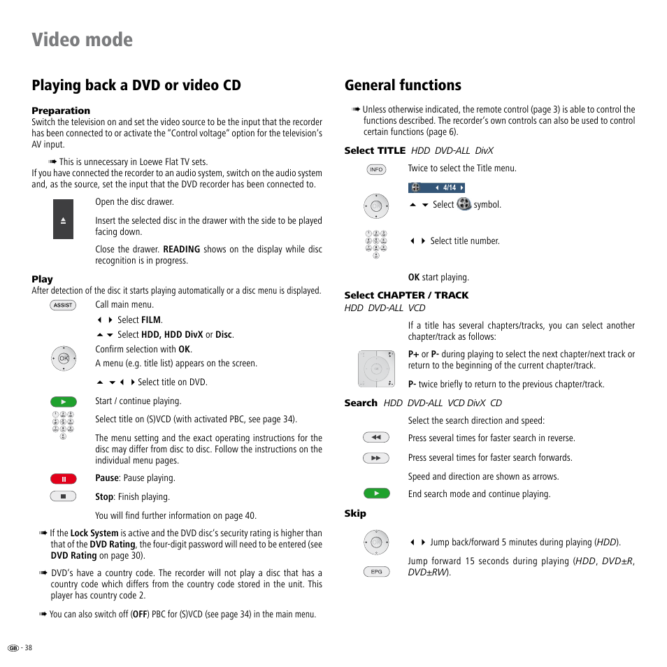 Video mode, Playing back a dvd or video cd, General functions | Loewe Viewvision DR+DVB-T User Manual | Page 38 / 71