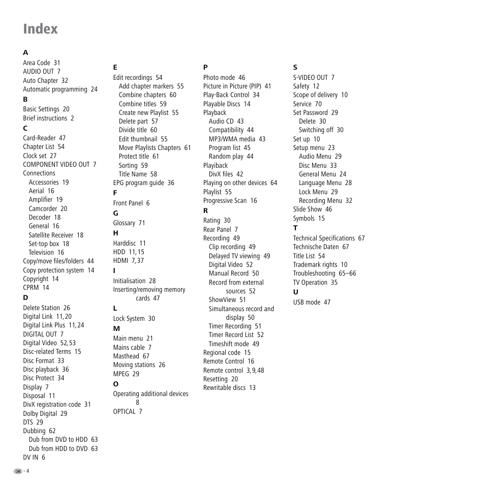 Index | Loewe Viewvision DR+DVB-T User Manual | Page 4 / 71