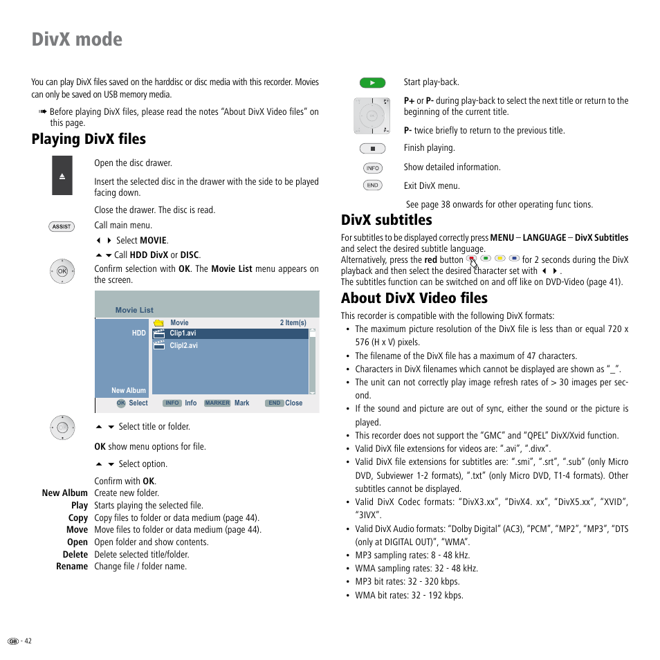 Divx mode, Les 4, Playing divx files | Divx subtitles, About divx video files | Loewe Viewvision DR+DVB-T User Manual | Page 42 / 71