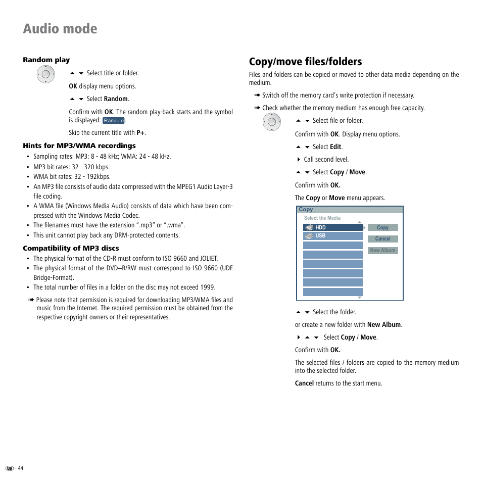 Copy/move files/folders, Compatibility 44, Audio mode | Loewe Viewvision DR+DVB-T User Manual | Page 44 / 71