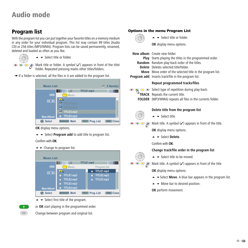 Program list, Audio mode | Loewe Viewvision DR+DVB-T User Manual | Page 45 / 71