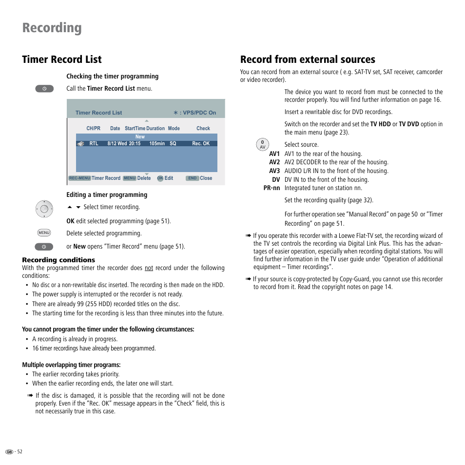 Timer record list, Record from external sources, Digital video 5 | Ces 5, D list 5, Recording | Loewe Viewvision DR+DVB-T User Manual | Page 52 / 71