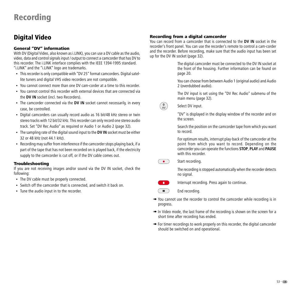 Digital video, Recording | Loewe Viewvision DR+DVB-T User Manual | Page 53 / 71