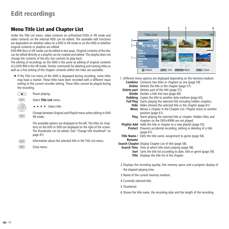 Edit recordings, Menu title list and chapter list, Dings 54 | Itle list 54 | Loewe Viewvision DR+DVB-T User Manual | Page 54 / 71