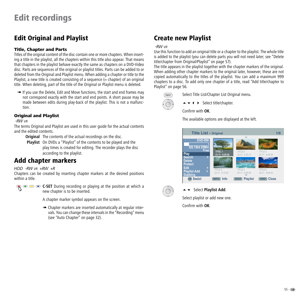 Edit original and playlist, Add chapter markers, Create new playlist | Eate new playlist 55, Edit recordings | Loewe Viewvision DR+DVB-T User Manual | Page 55 / 71