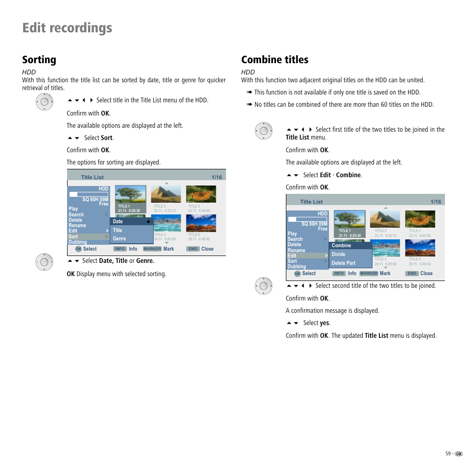 Sorting, Combine titles, Edit recordings | Loewe Viewvision DR+DVB-T User Manual | Page 59 / 71