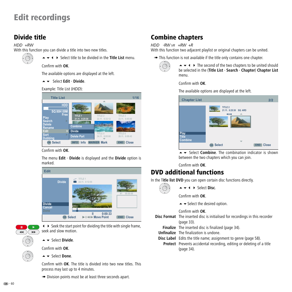 Divide title, Combine chapters, Dvd additional functions | Divide title 60, Edit recordings | Loewe Viewvision DR+DVB-T User Manual | Page 60 / 71