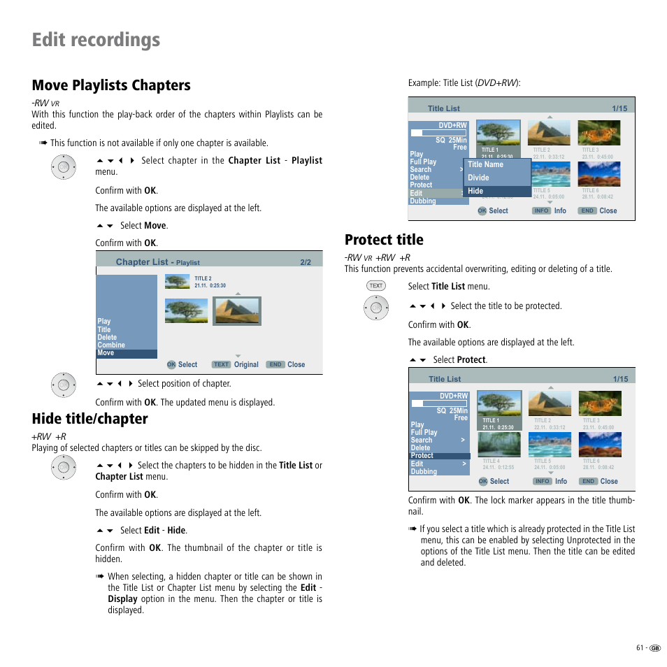 Move playlists chapters, Hide title/chapter, Protect title | Otect title 61, Edit recordings | Loewe Viewvision DR+DVB-T User Manual | Page 61 / 71