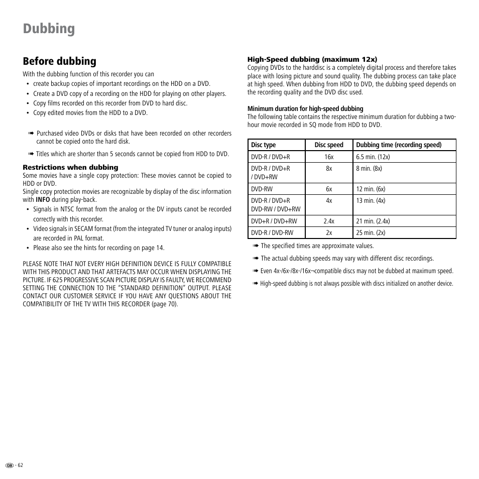 Dubbing, Dubbing 6, Before dubbing | Loewe Viewvision DR+DVB-T User Manual | Page 62 / 71