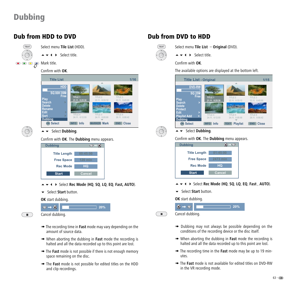 Dub from hdd to dvd, Dub from dvd to hdd, Om dvd to hdd 6 | Om hdd to dvd 6, Dubbing | Loewe Viewvision DR+DVB-T User Manual | Page 63 / 71