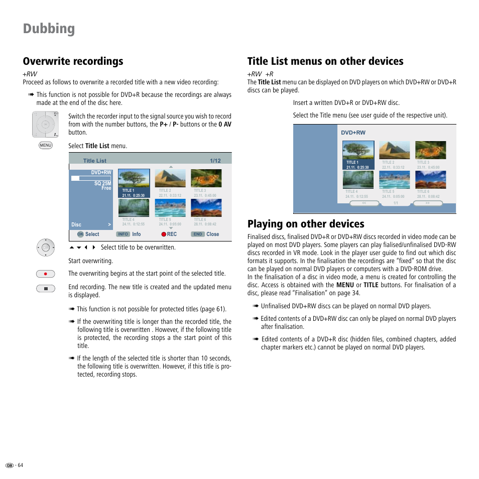 Overwrite recordings, Title list menus on other devices, Playing on other devices | Playing on other devices 64, Dubbing | Loewe Viewvision DR+DVB-T User Manual | Page 64 / 71