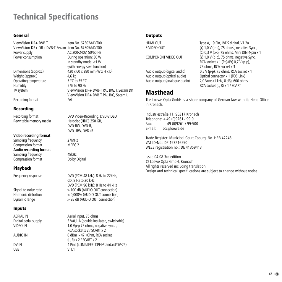 Technical specifications, Masthead, Cations 67 | Loewe Viewvision DR+DVB-T User Manual | Page 67 / 71