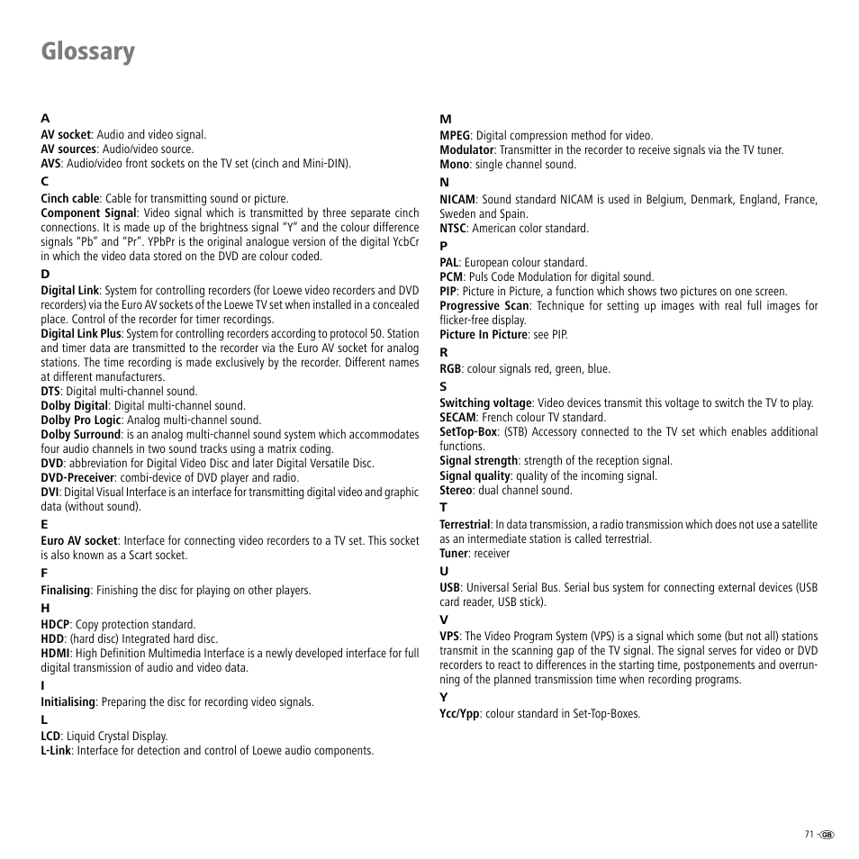 Glossary | Loewe Viewvision DR+DVB-T User Manual | Page 71 / 71