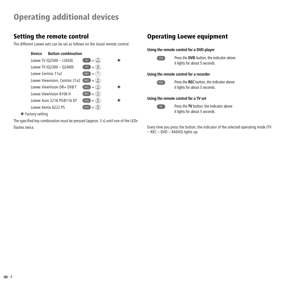 Operating additional devices, Setting the remote control, Operating loewe equipment | Loewe Viewvision DR+DVB-T User Manual | Page 8 / 71