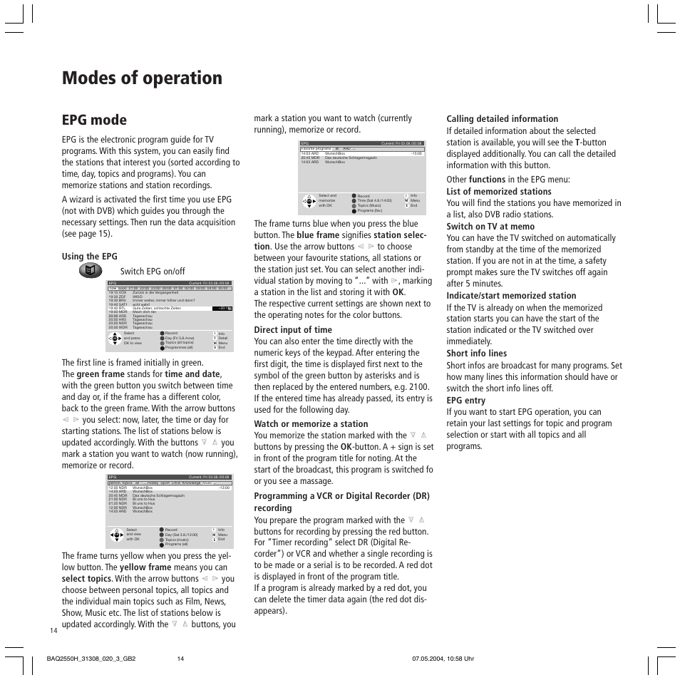 Modes of operation, Epg mode | Loewe 9372 User Manual | Page 14 / 26