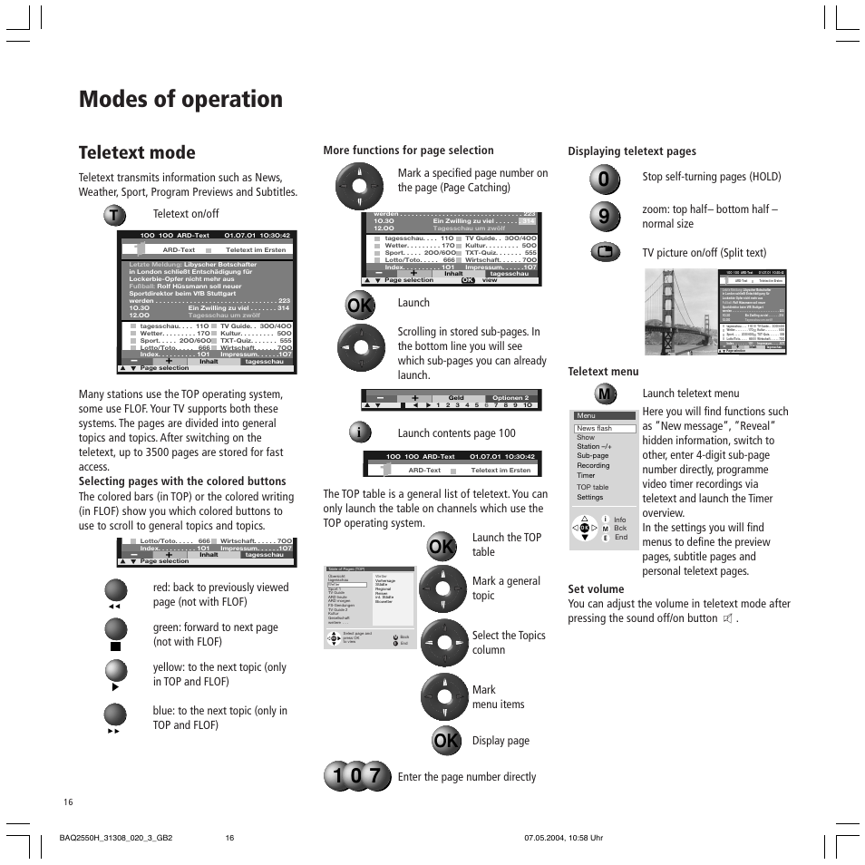 Modes of operation, Teletext mode | Loewe 9372 User Manual | Page 16 / 26