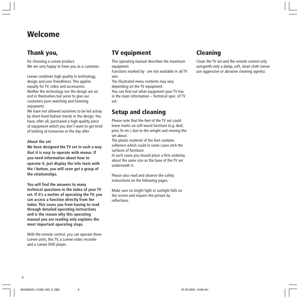 Welcome, Tv equipment, Setup and cleaning | Cleaning, Disposal | Loewe 9372 User Manual | Page 6 / 26