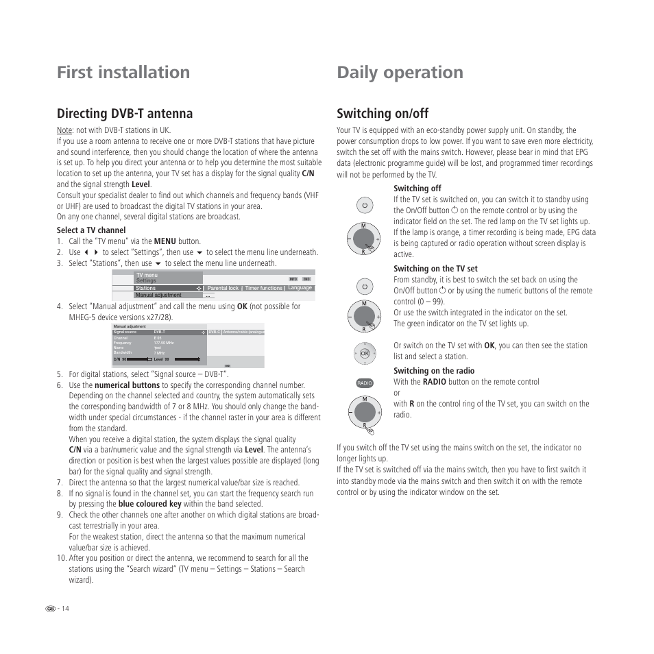 First installation, Daily operation, Directing dvb-t antenna | Switching on/off | Loewe L 32 User Manual | Page 14 / 46