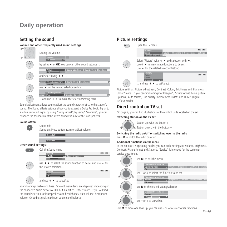 Daily operation, Setting the sound, Picture settings | Direct control on tv set | Loewe L 32 User Manual | Page 19 / 46