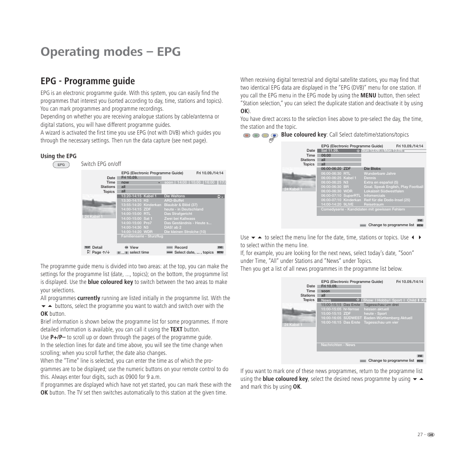 Operating modes – epg, Epg - programme guide | Loewe L 32 User Manual | Page 27 / 46