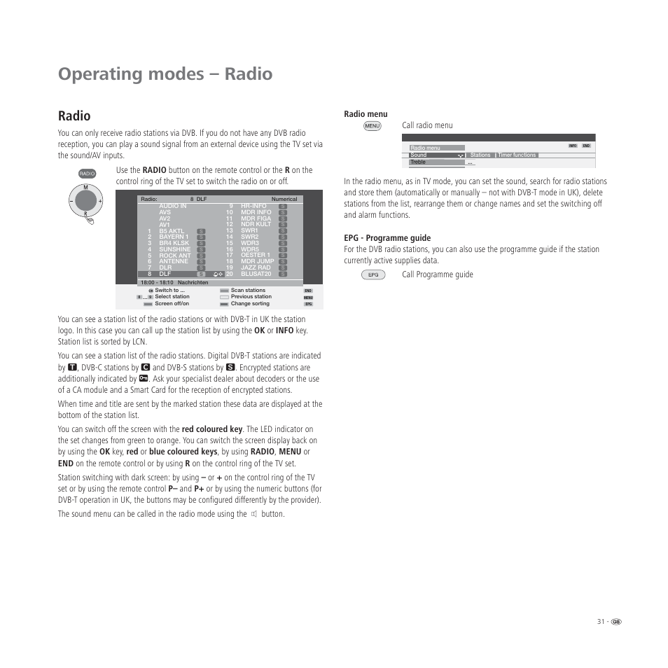 Operating modes – radio, Radio, Button | Loewe L 32 User Manual | Page 31 / 46