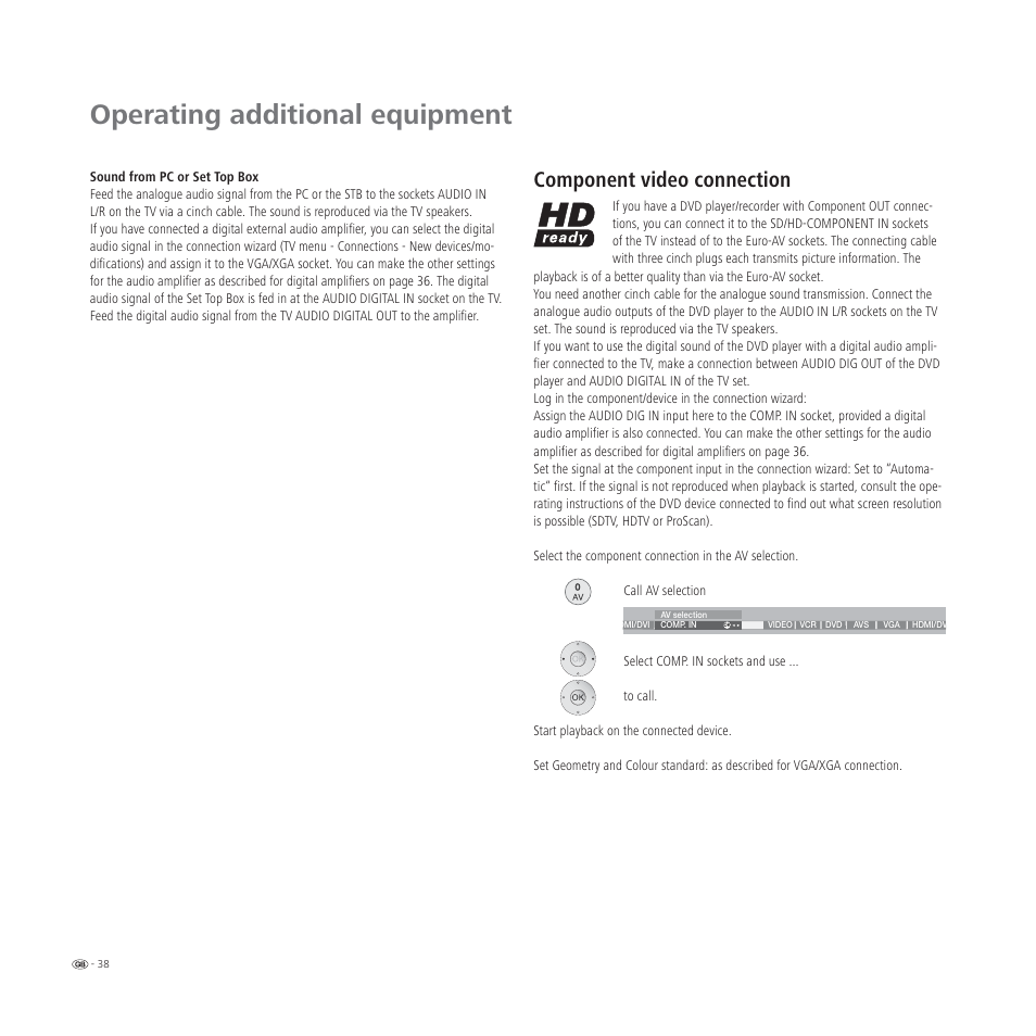Operating additional equipment, Component video connection | Loewe L 32 User Manual | Page 38 / 46