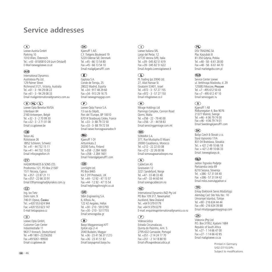 Service addresses | Loewe L 32 User Manual | Page 46 / 46