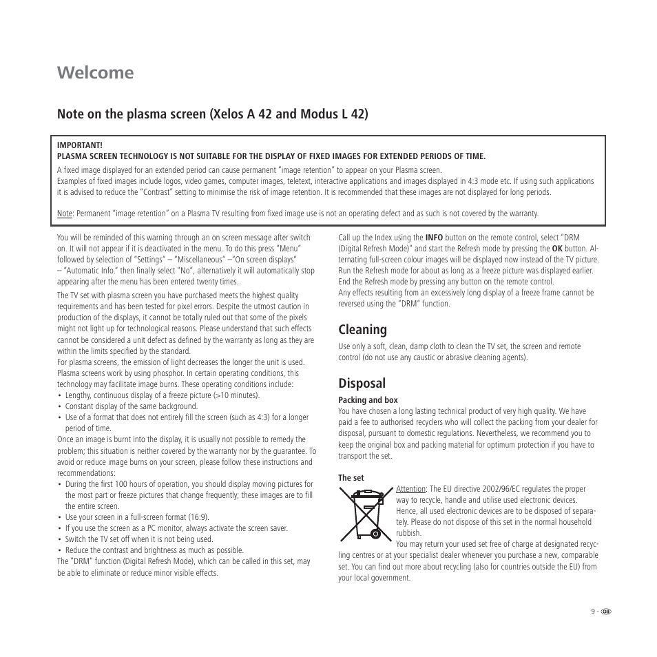 Welcome, Cleaning, Disposal | Loewe L 32 User Manual | Page 9 / 46