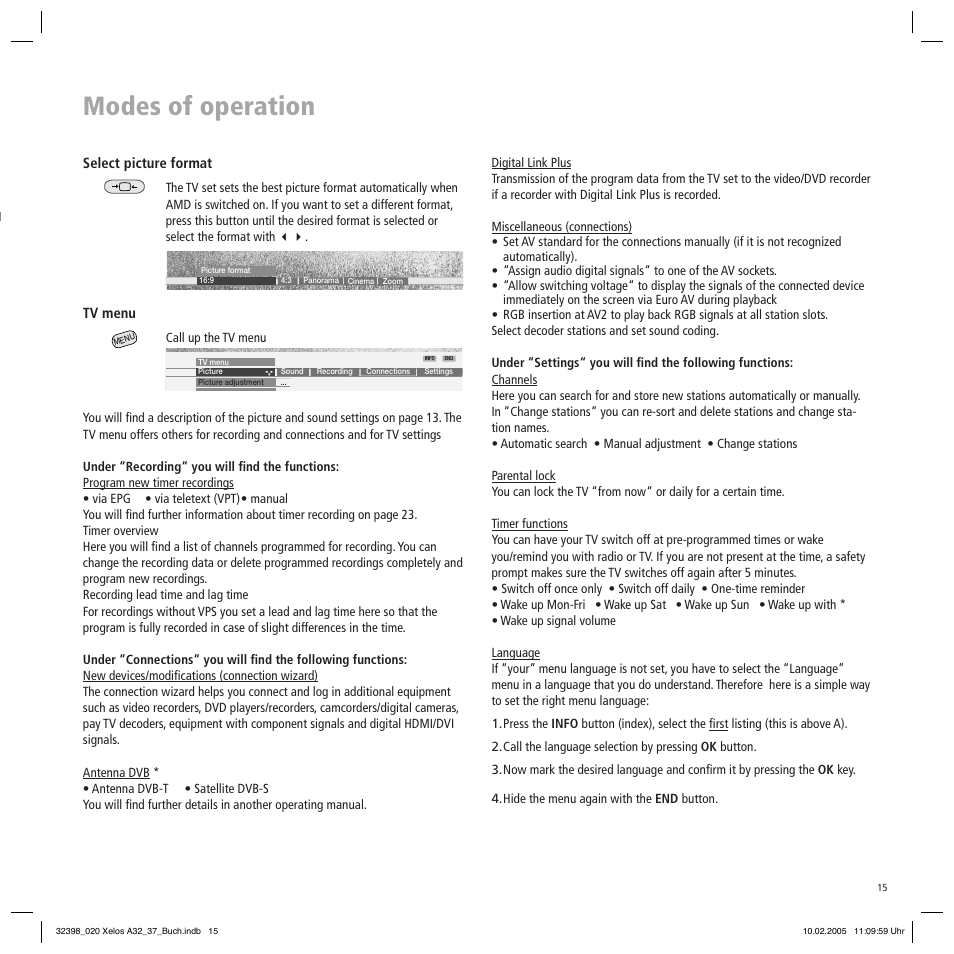 Modes of operation | Loewe Xelos A 37 User Manual | Page 15 / 34