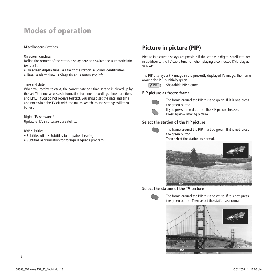Modes of operation, Picture in picture (pip) | Loewe Xelos A 37 User Manual | Page 16 / 34