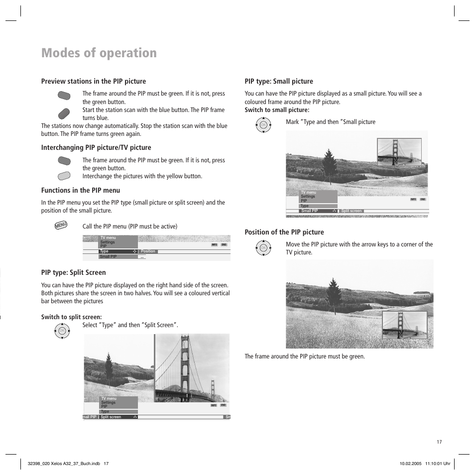 Modes of operation, Preview stations in the pip picture, Interchanging pip picture/tv picture | Functions in the pip menu, Pip type: split screen, Pip type: small picture, Position of the pip picture | Loewe Xelos A 37 User Manual | Page 17 / 34
