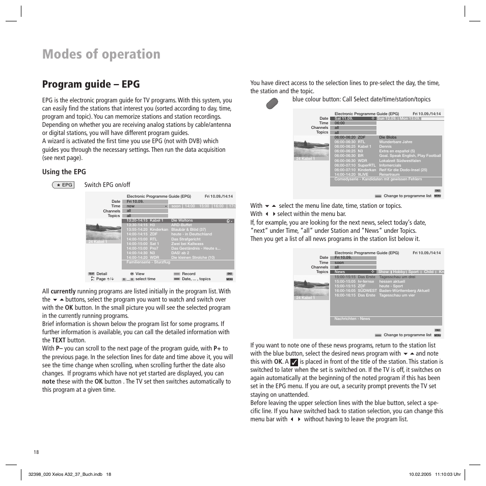 Modes of operation, Program guide – epg, Using the epg | Switch epg on/off | Loewe Xelos A 37 User Manual | Page 18 / 34