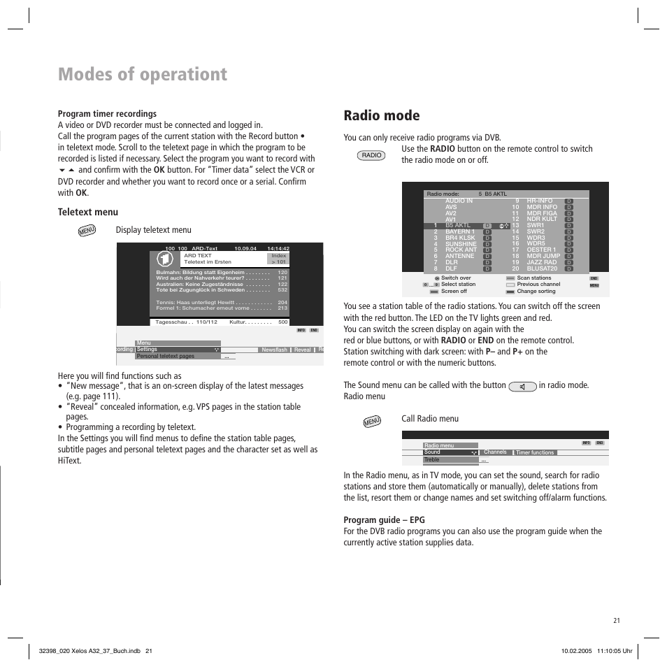 Modes of operationt, Radio mode, Teletext menu | Display teletext menu | Loewe Xelos A 37 User Manual | Page 21 / 34