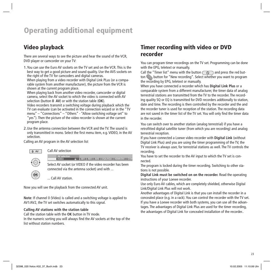 Operating additional equipment, Video playback, Timer recording with video or dvd recorder | Loewe Xelos A 37 User Manual | Page 23 / 34
