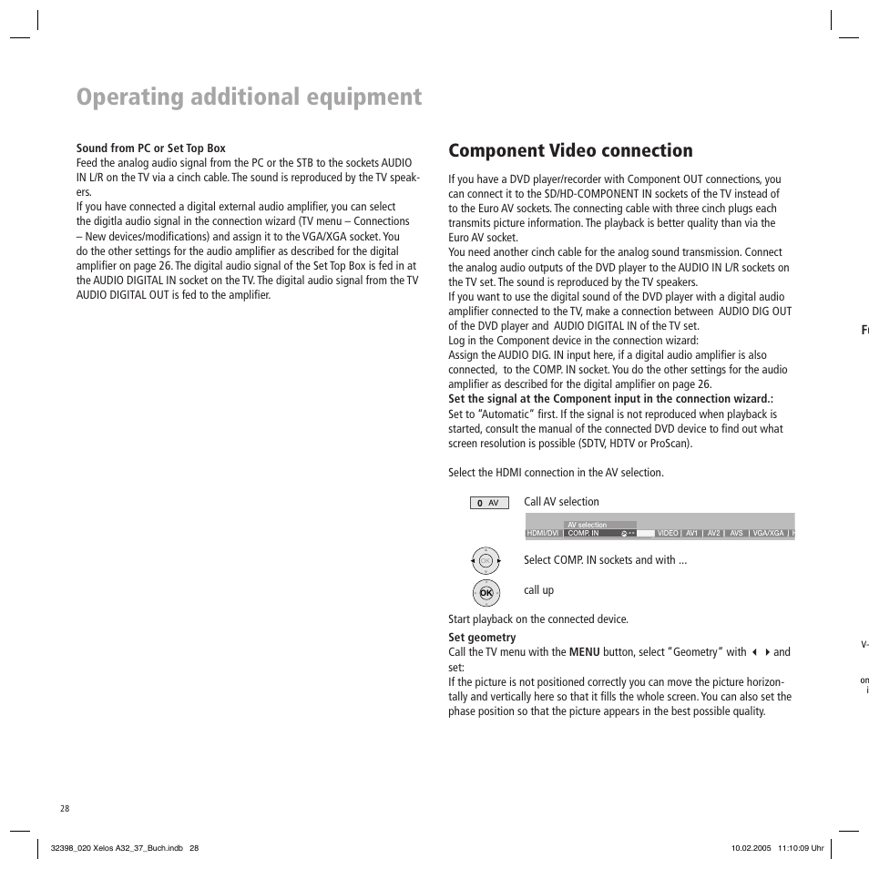 Operating additional equipment, Component video connection | Loewe Xelos A 37 User Manual | Page 28 / 34