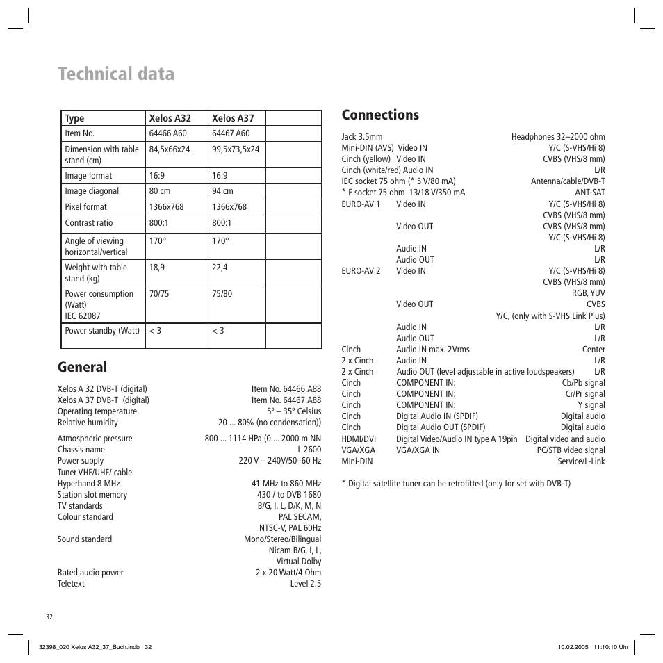 Technical data, General, Connections | Loewe Xelos A 37 User Manual | Page 32 / 34