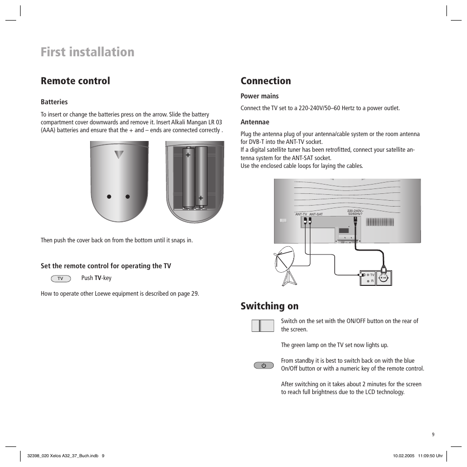 First installation, Connection, Switching on | Remote control | Loewe Xelos A 37 User Manual | Page 9 / 34