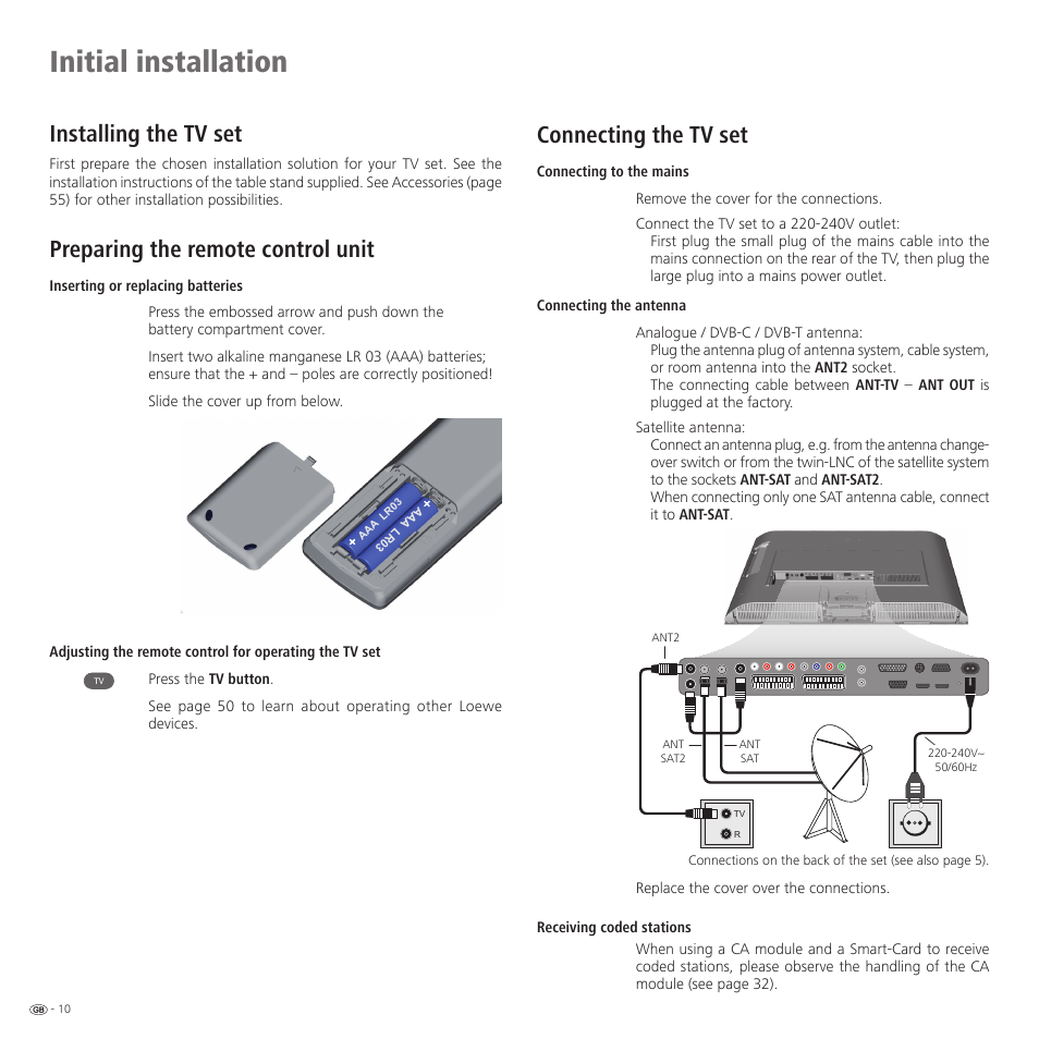 Initial installation, Installing the tv set, Preparing the remote control unit | Connecting the tv set | Loewe Spheros R 37Full-HD+ User Manual | Page 10 / 60