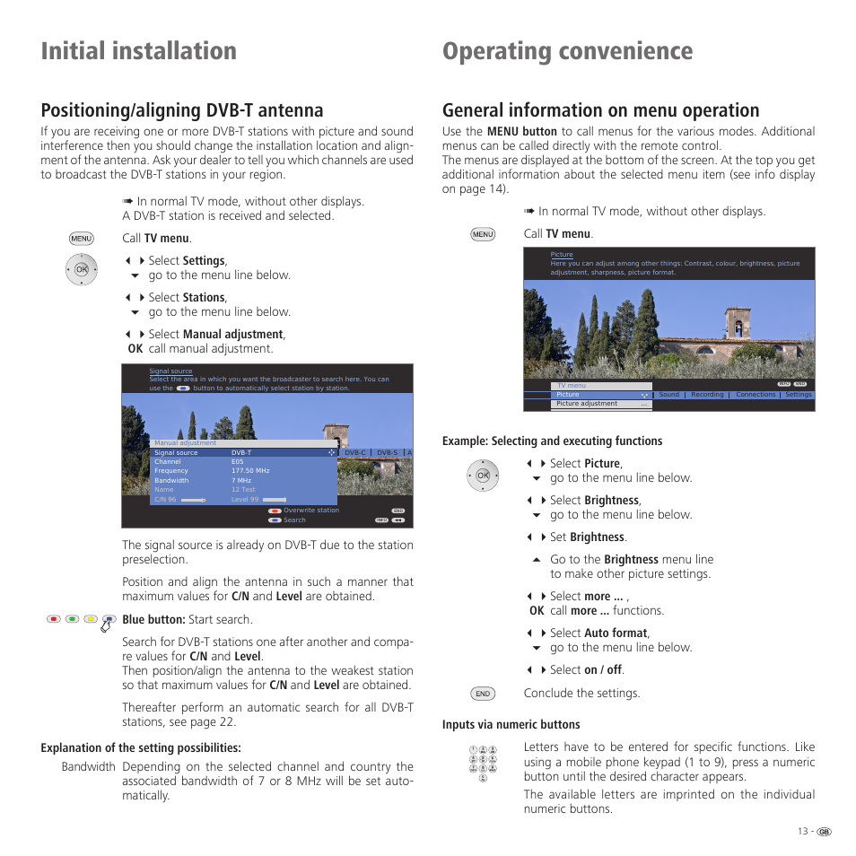 Initial installation operating convenience, Positioning/aligning dvb-t antenna, General information on menu operation | Loewe Spheros R 37Full-HD+ User Manual | Page 13 / 60