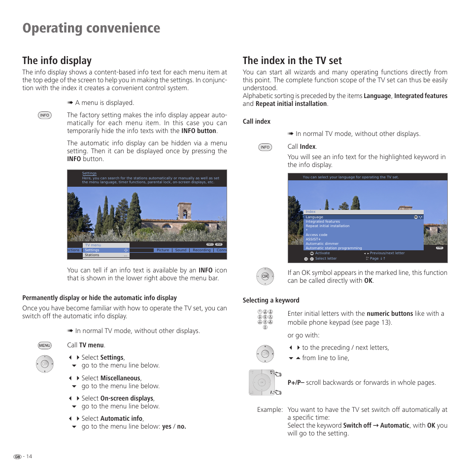 Operating convenience, The index in the tv set, The info display | Loewe Spheros R 37Full-HD+ User Manual | Page 14 / 60