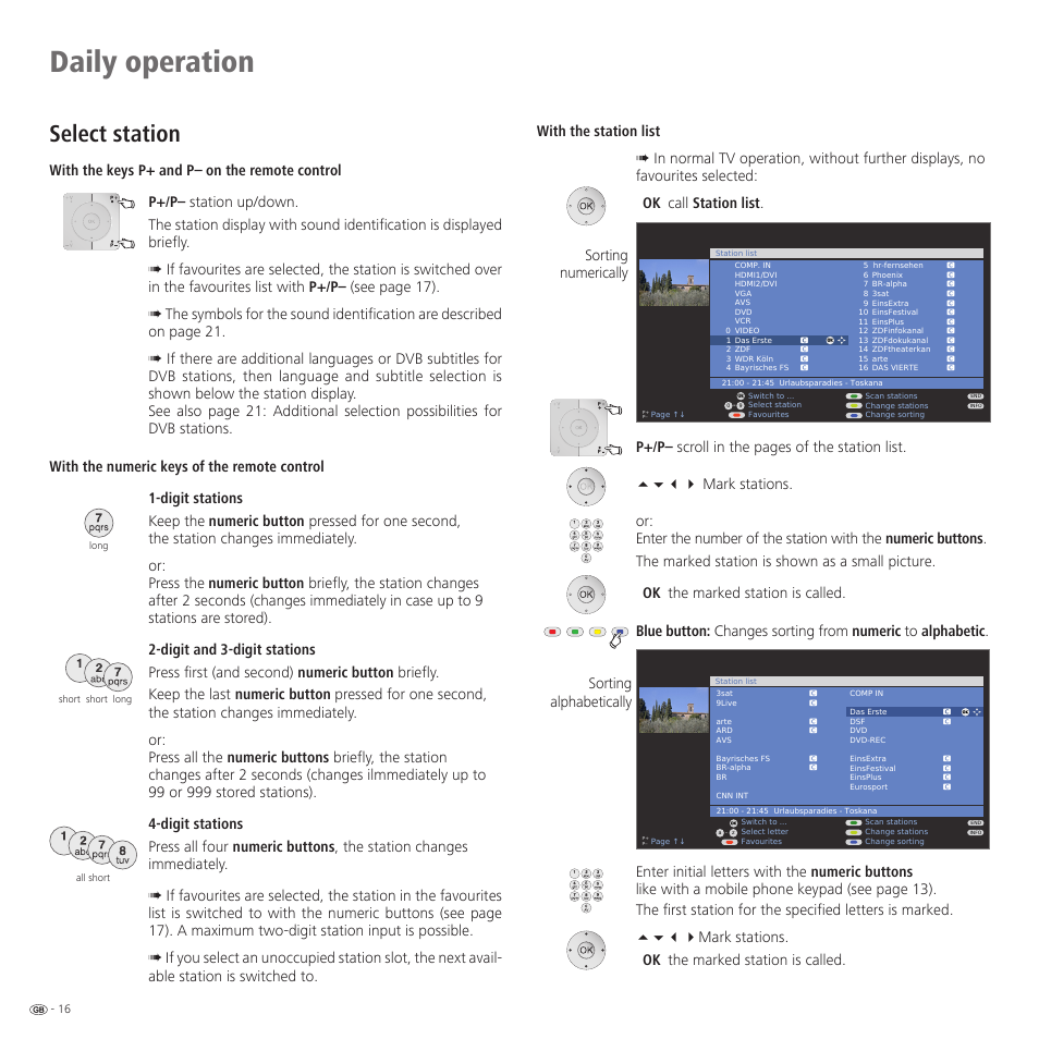 Daily operation, Select station, Sorting numerically sorting alphabetically | Loewe Spheros R 37Full-HD+ User Manual | Page 16 / 60