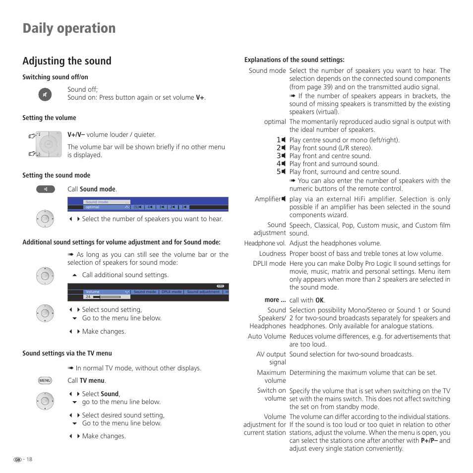 Daily operation, Adjusting the sound | Loewe Spheros R 37Full-HD+ User Manual | Page 18 / 60