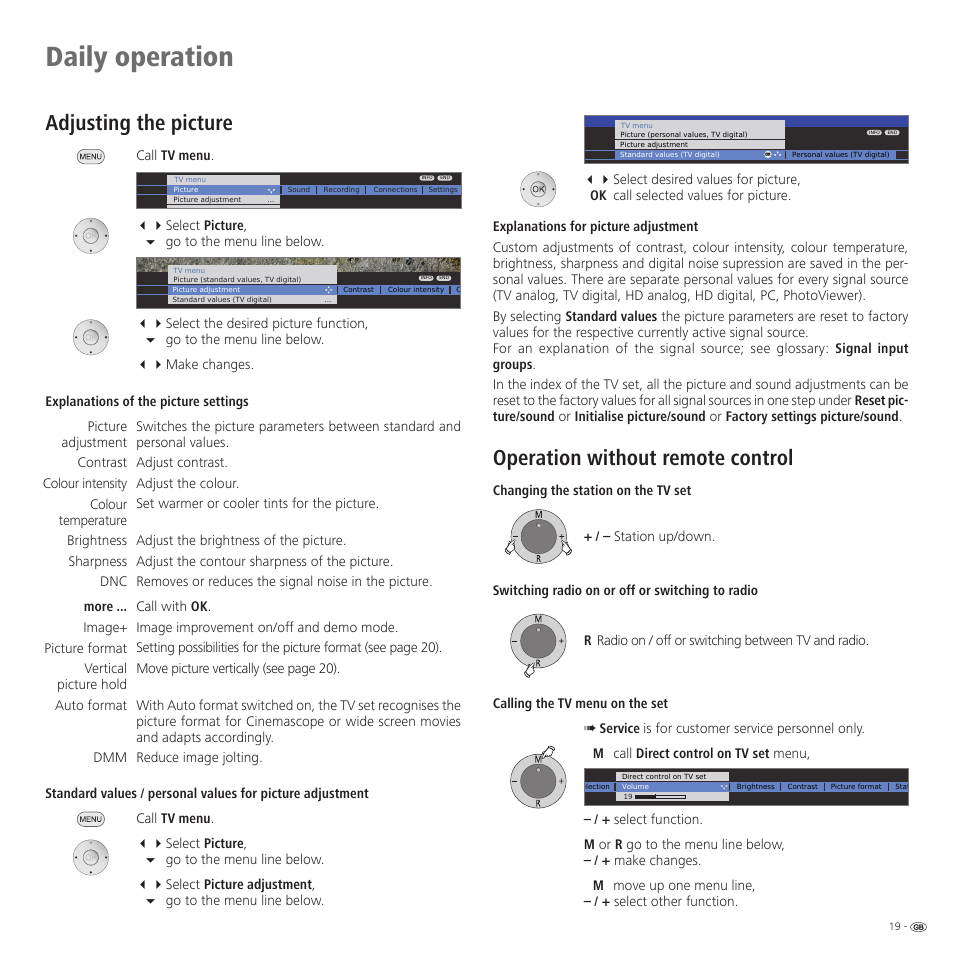 Daily operation, Adjusting the picture, Operation without remote control | Loewe Spheros R 37Full-HD+ User Manual | Page 19 / 60