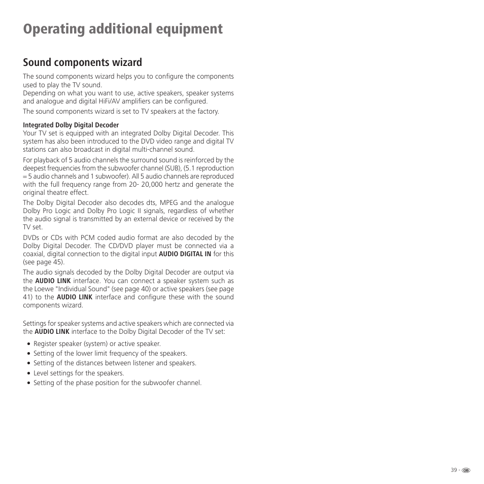 Operating additional equipment, Sound components wizard | Loewe Spheros R 37Full-HD+ User Manual | Page 39 / 60