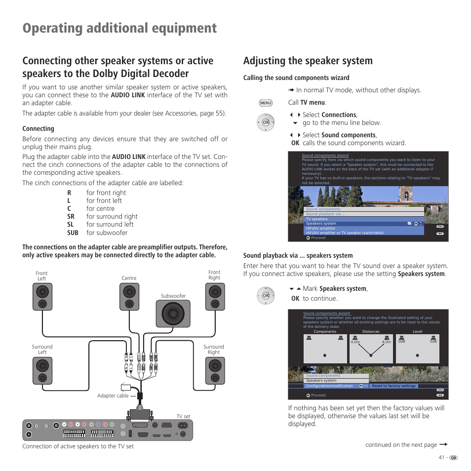 Operating additional equipment, Adjusting the speaker system | Loewe Spheros R 37Full-HD+ User Manual | Page 41 / 60