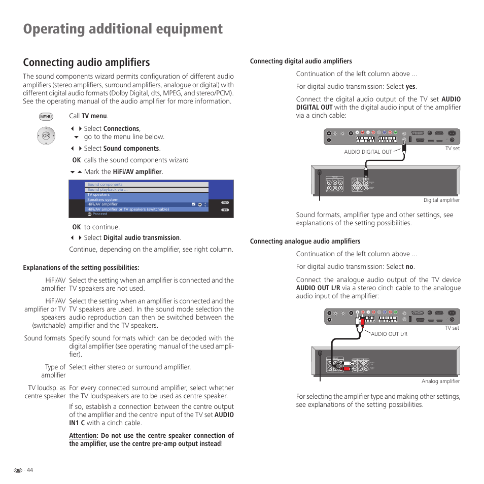 Operating additional equipment, Connecting audio amplifiers | Loewe Spheros R 37Full-HD+ User Manual | Page 44 / 60